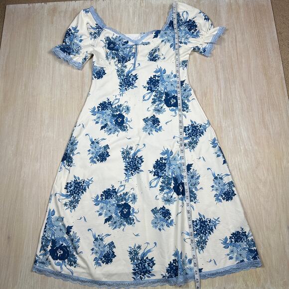 Cider Blue Floral Lace Trim Puff Sleeve Cottagecore Romantic Midi Dress Large - Picture 6 of 14